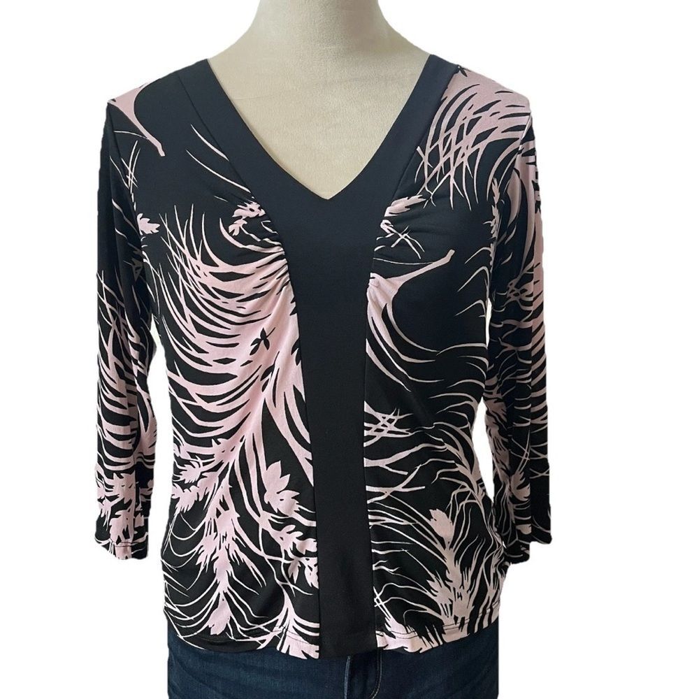 JKLA California Women's Small 3/4 Sleeve VNeck Blouse Gathered Front Black Pink